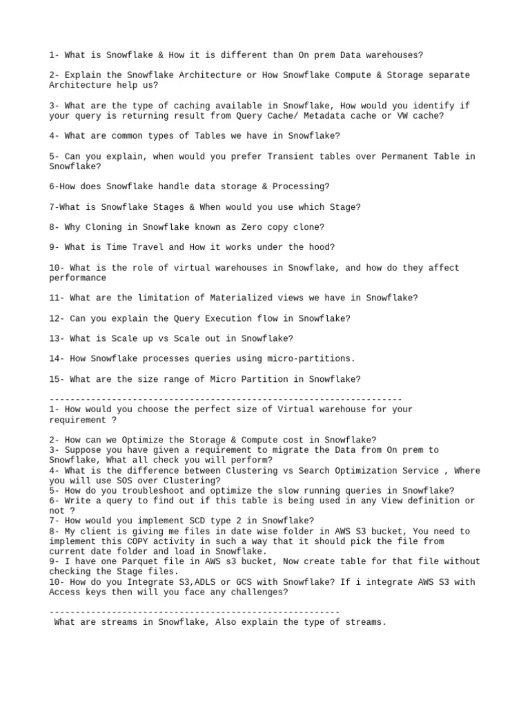 Snowflake Interview Questions Guide | PDF | Scalability | Cache (Computing)