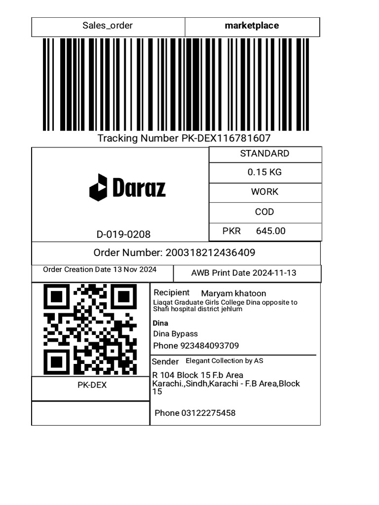 Tracking Number PK-DEX116781607: Sales - Order | PDF