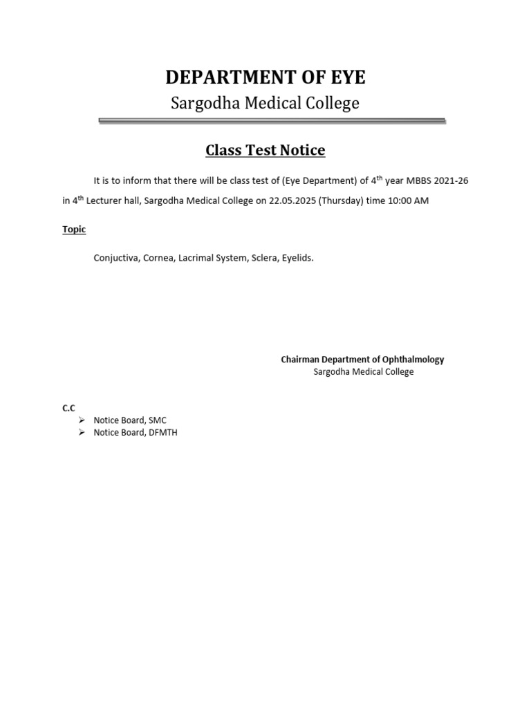 Class Test Notice Ophthalmology | PDF