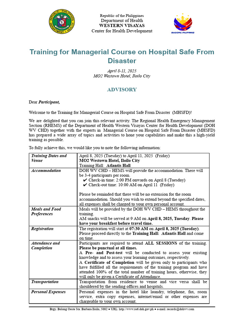 MHSFD Training Advisory for Participants | PDF