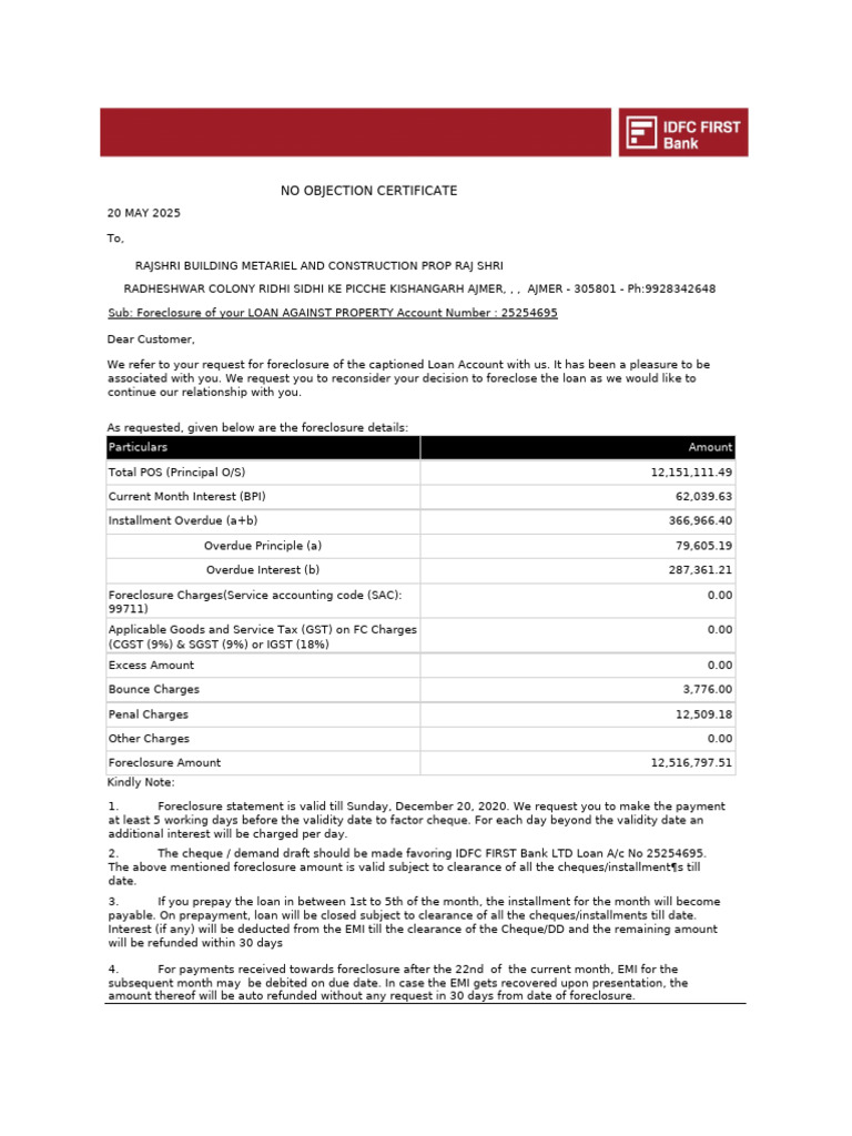 Loan Foreclosure Statement - IDFC First Bank | PDF | Banks | Cheque