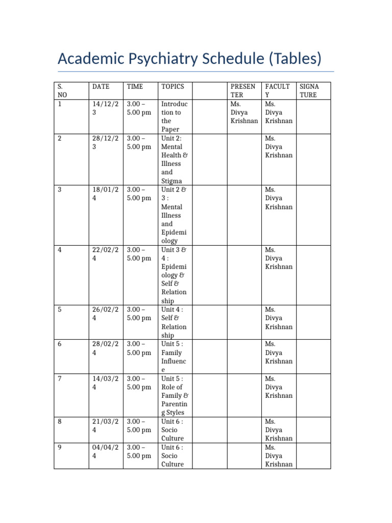 Schedule for Academic Psychiatry Sessions | PDF | Mental Disorder ...