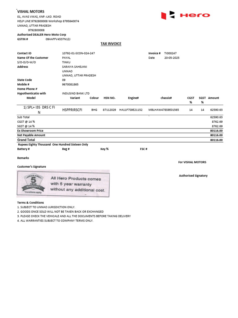 Vishal Motors Invoice for Payal | PDF