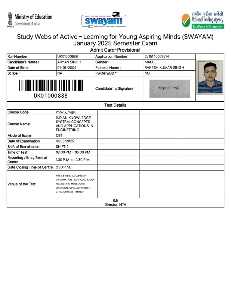 SWAYAM 2025 Exam Admit Card Details | PDF | Identity Document