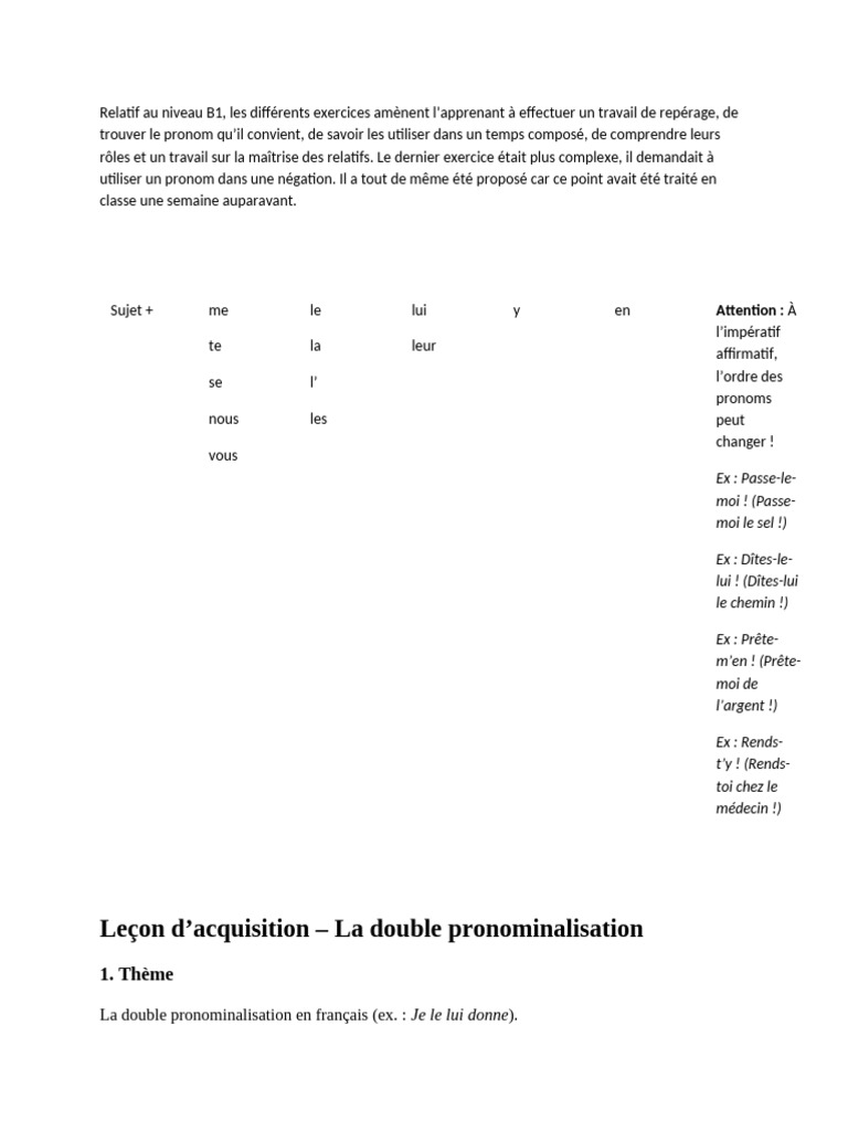 Double pronominalisation B1 en français | PDF | Pronom | Phrase