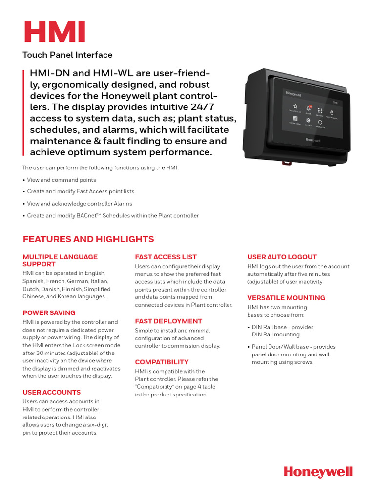 Honeywell HMI-DN and HMI-WL Overview | PDF | User Interface | Touchscreen