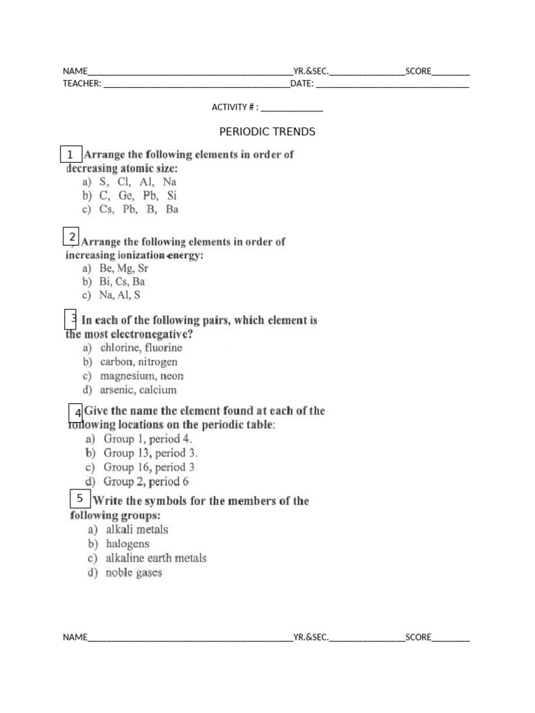 Activity Periodic Trends and Electron Configuration. | PDF
