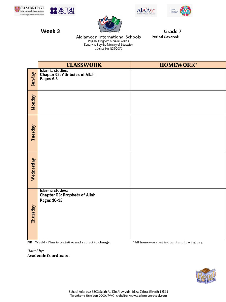 Grade 7 Islamic Studies Weekly Plan | PDF