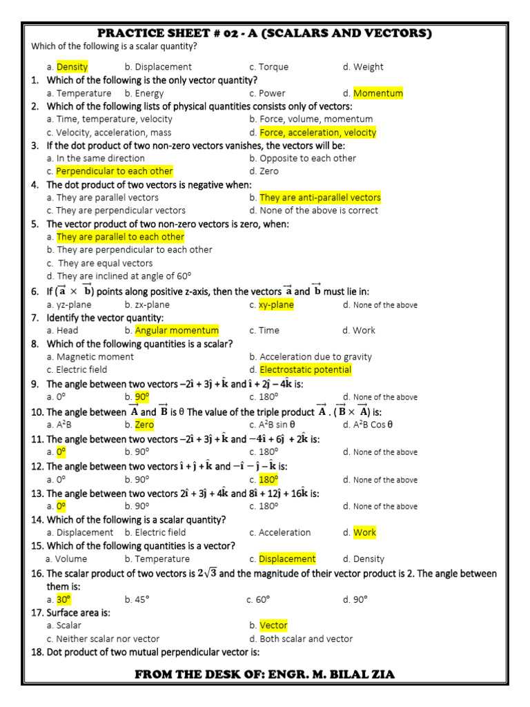 Scalars and Vectors Practice Questions | PDF | Euclidean Vector | Velocity