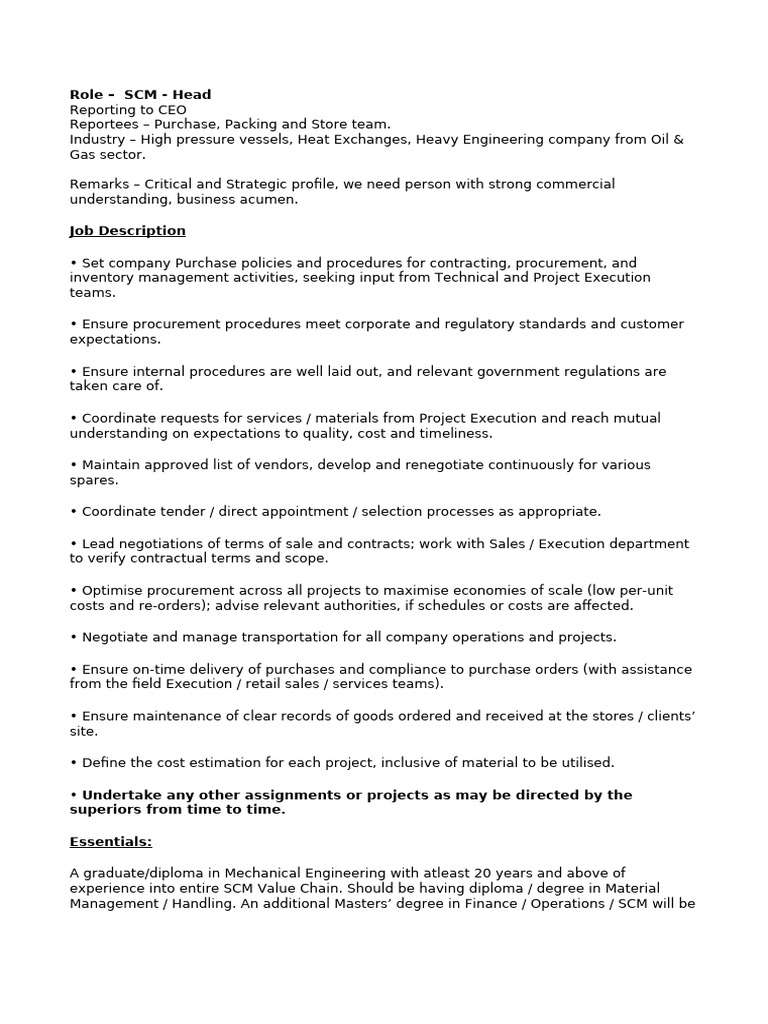 Head of SCM Role in Heavy Engineering | PDF