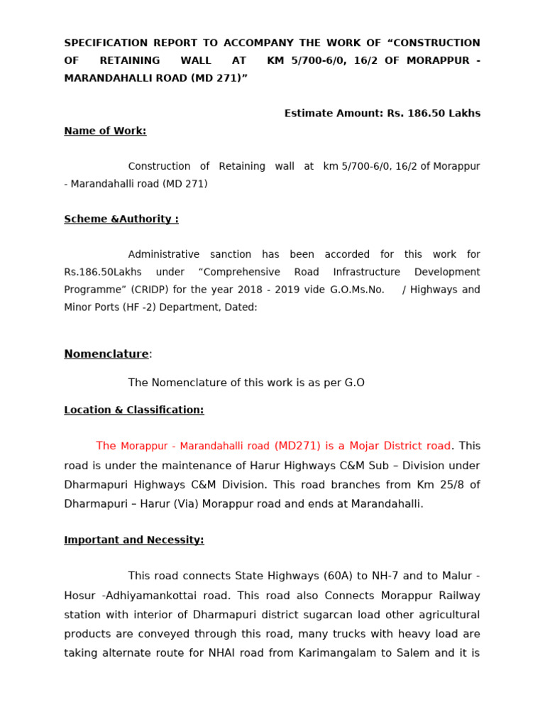 Specification Report - Retaining Wall of MM Road | PDF | Road | Road ...