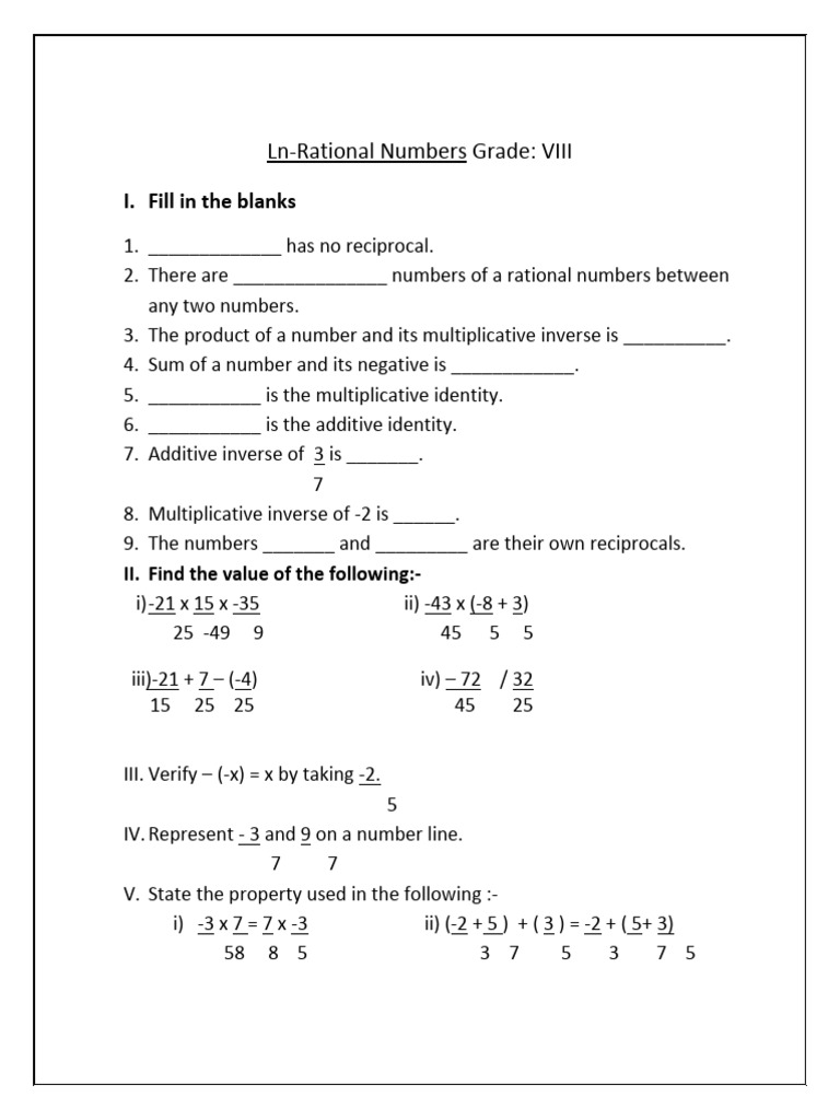 Class 8 Rational Numbers Worksheet | PDF