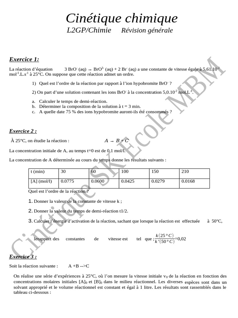 Cinétique des Réactions Chimiques: Exercices | PDF | Cinétique chimique ...