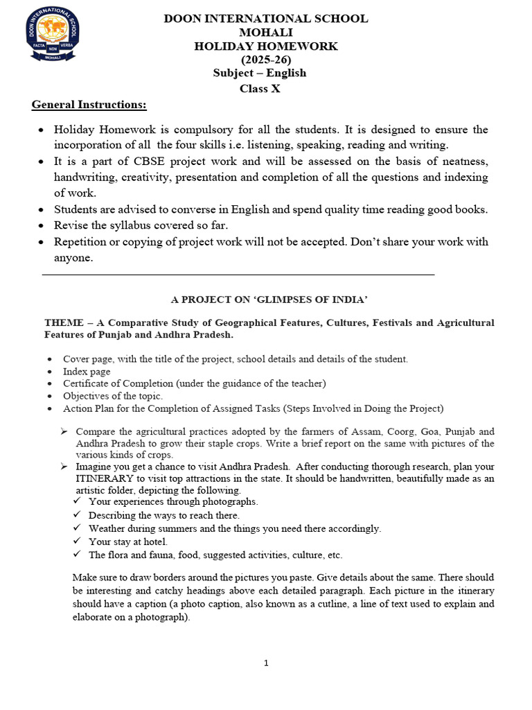 English Holiday Homework 2025-26 | PDF | Learning