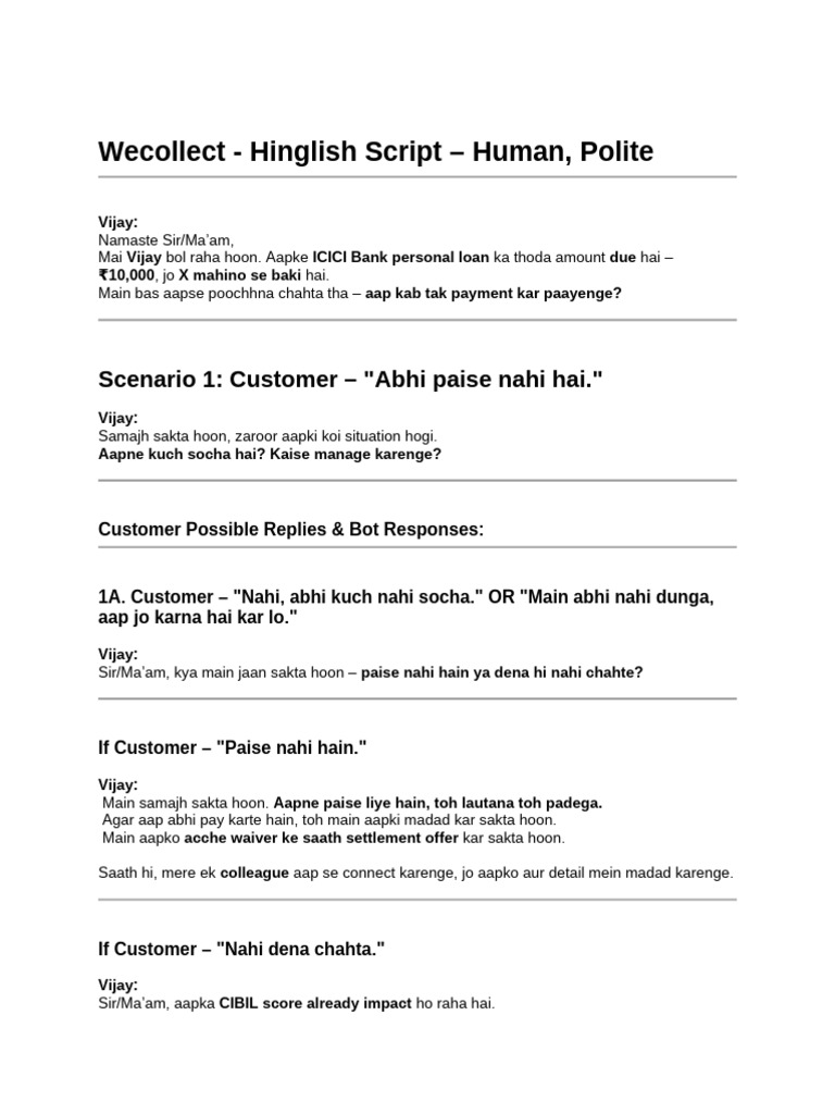 Wecollect - Hinglish Script - Human, Polite (Recovery) 25 April '25 | PDF