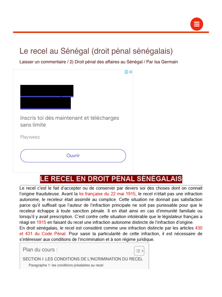 Recel en Droit Pénal Sénégalais | PDF | Loi criminelle | Aider et ...