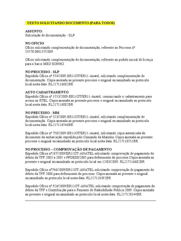 Solicitação de Documentação SLP 2009 | PDF | Governo | Business