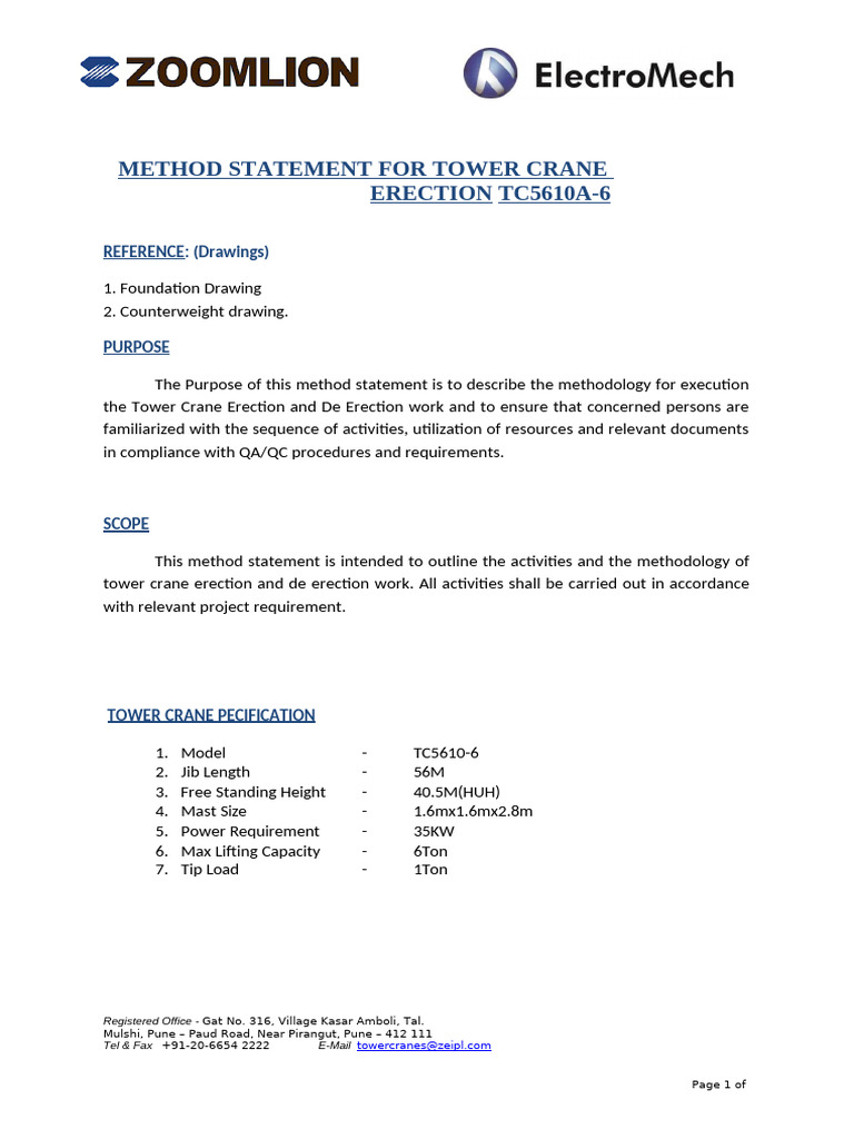 Method statement of TC5610-6 | PDF | Crane (Machine) | Equipment