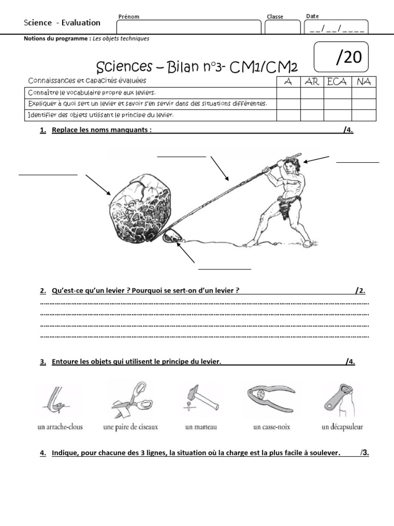 Exercices Sciences Cm1 à Imprimer Evaluation Sciences 3 Levier | PDF