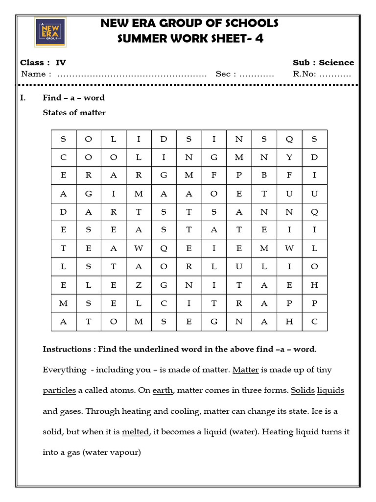 Class IV Science Summer Worksheet | PDF