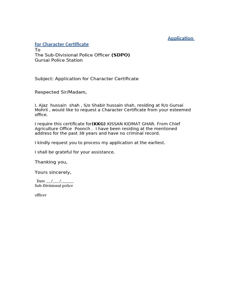 Character Certificate Application Template | PDF