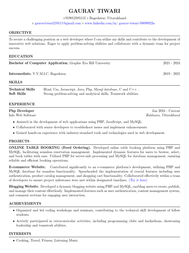 Gaurav Tiwari: Web Developer Resume | PDF | Websites | World Wide Web