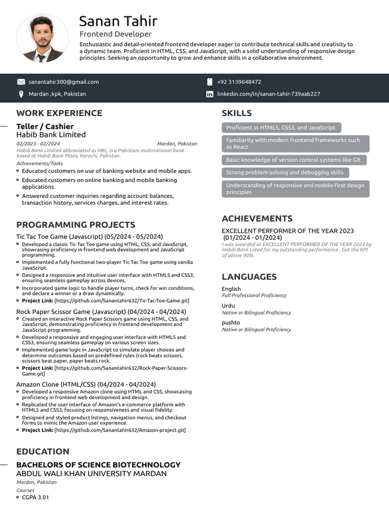 Frontend Developer Resume of Sanan Tahir | PDF | Web Development | Html5