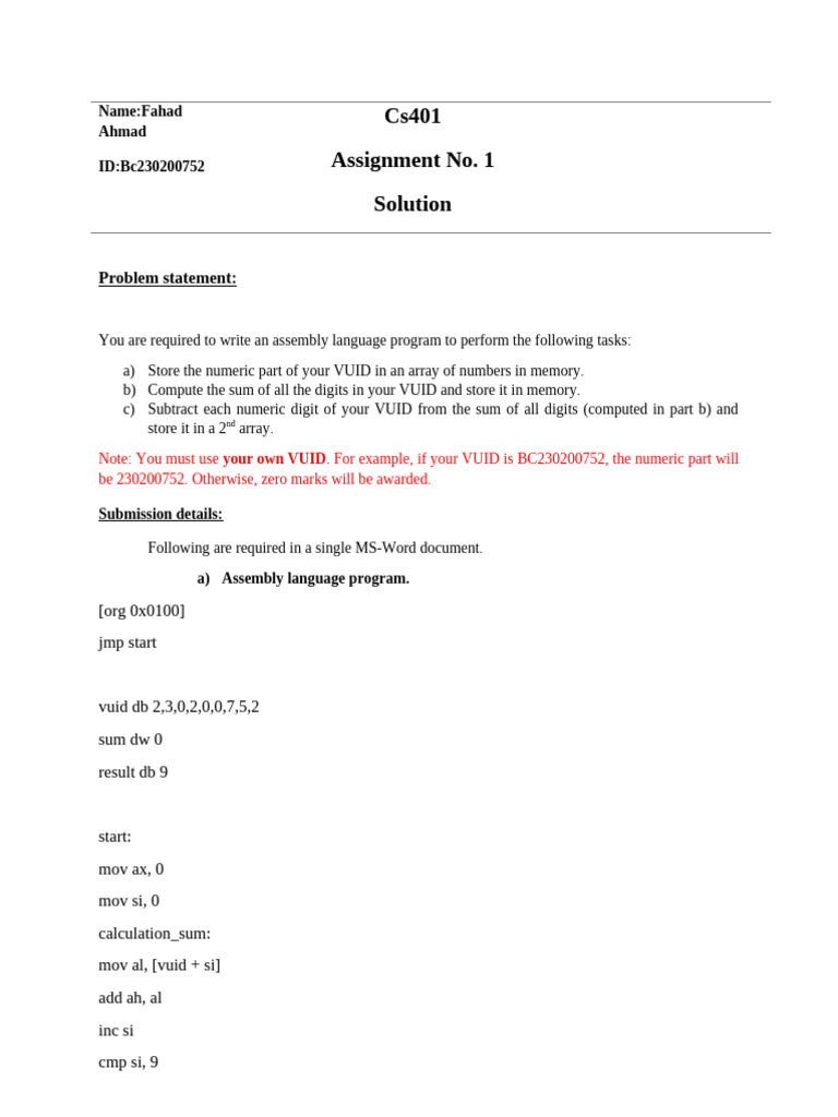 Assembly Program for VUID Digit Operations | PDF