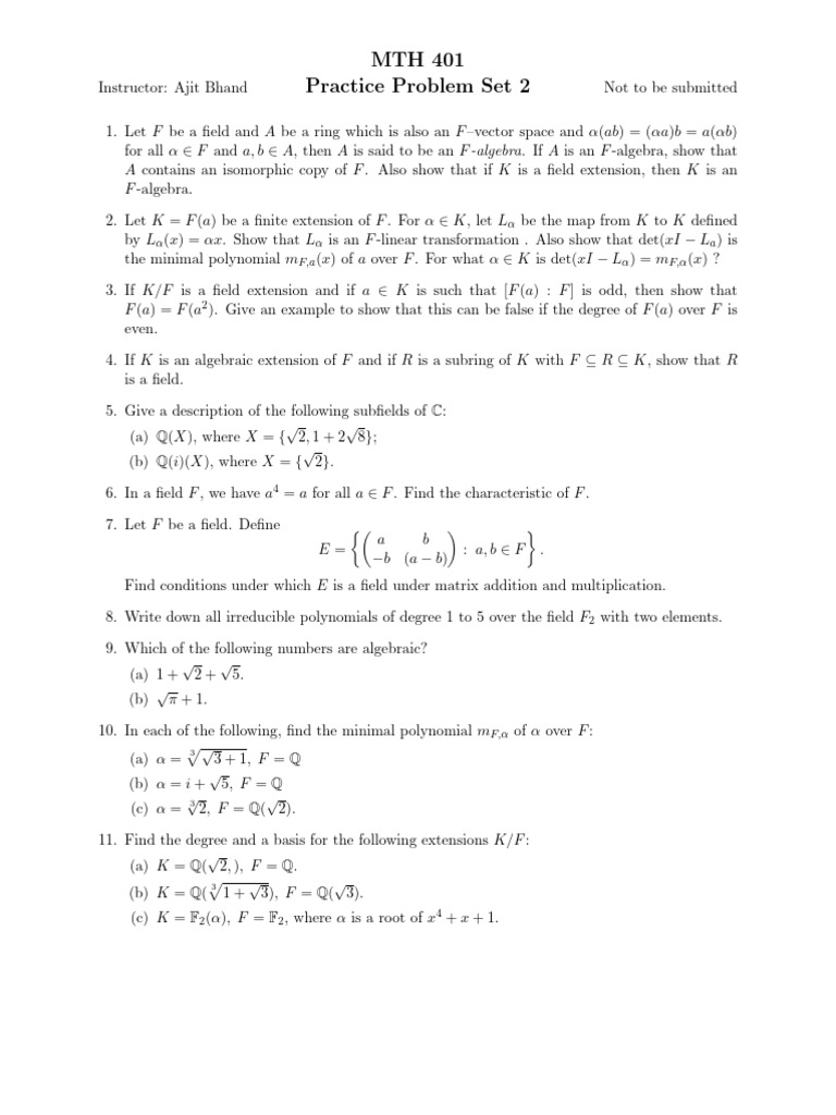 MTH 401 Practice Problem Set 2: - Algebra | PDF