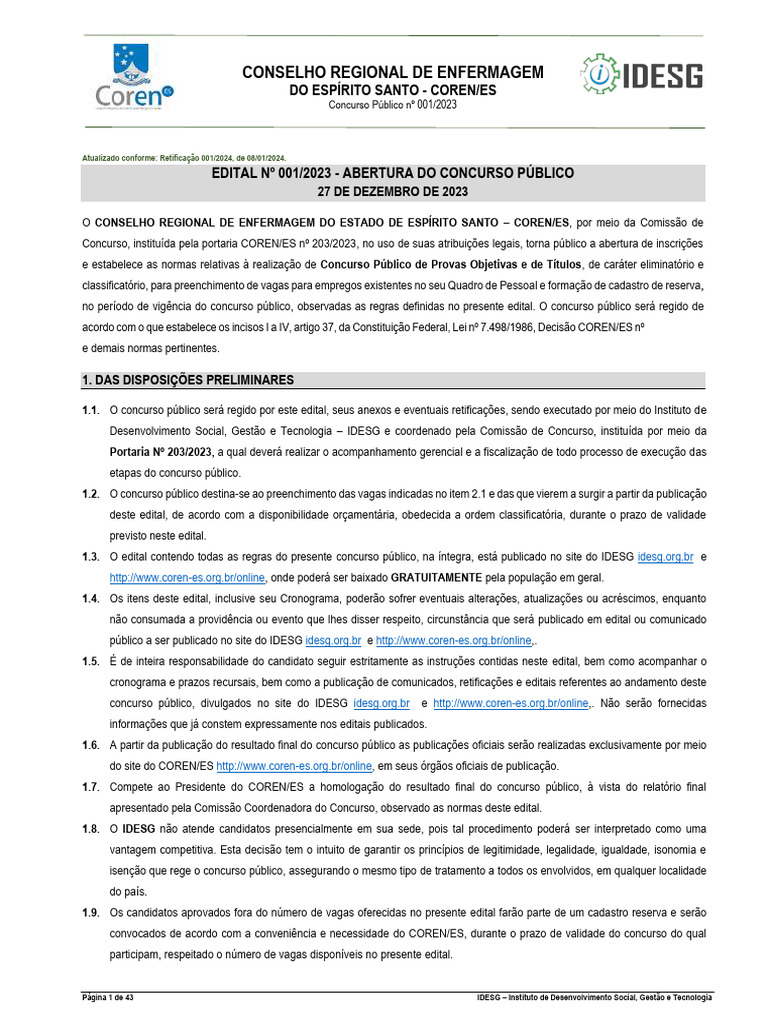 Conselho Regional de Enfermagem: Do Espírito Santo - Coren/Es | PDF