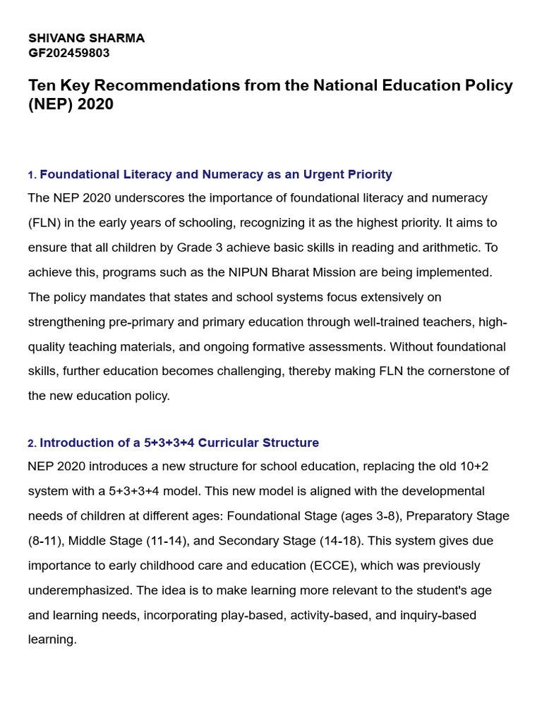 Key Recommendations of NEP 2020 | PDF | Educational Technology | Teachers