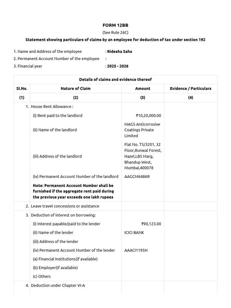 Form12BB RideshaSaha 002 | PDF | Interest | Tax Deduction