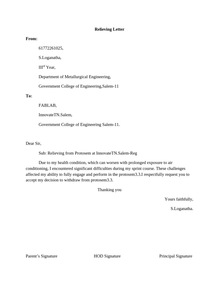 Relieving Letter From | PDF