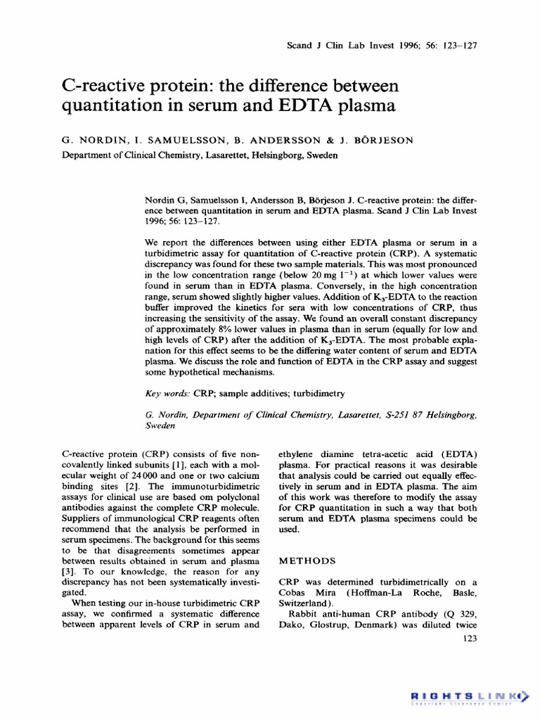 CRP Quantitation: Serum vs. EDTA Plasma | PDF | C Reactive Protein ...