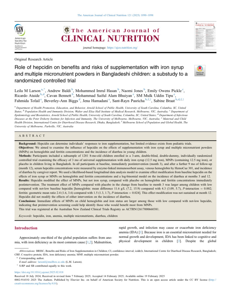 Role of Hepcidin On Benefits and Risks of Supplementation With Iron ...