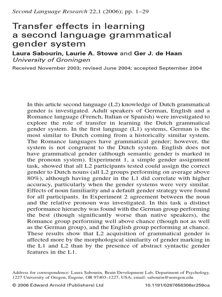 L2 Acquisition of Dutch Gender System | PDF | Grammatical Gender ...