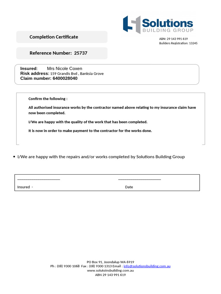 Certificate of Completion for Insurance | PDF
