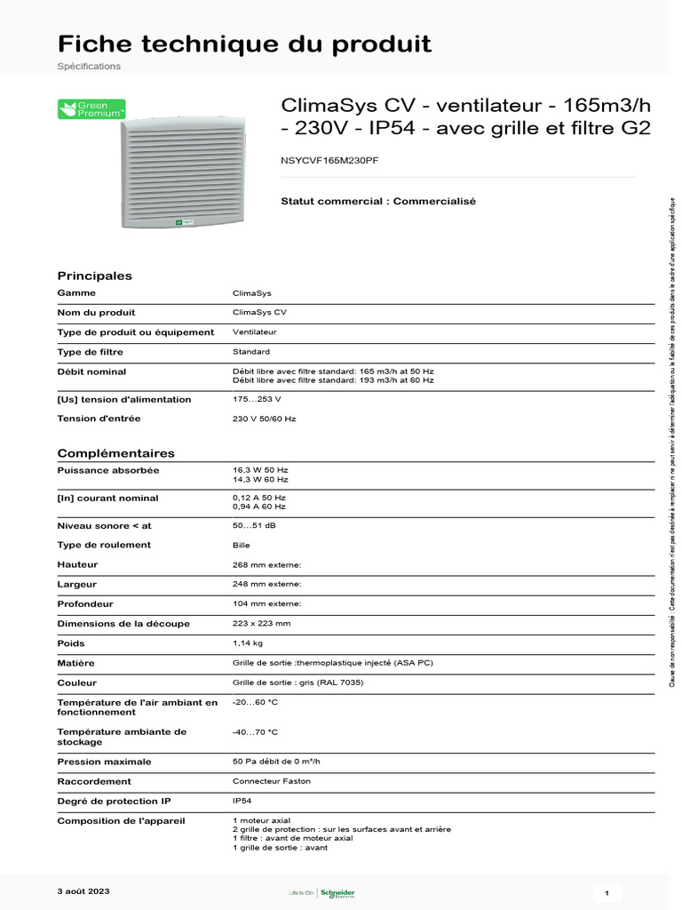 Ventilateur ClimaSys CV 165m3/h IP54 | PDF | Électrotechnique | Électricité