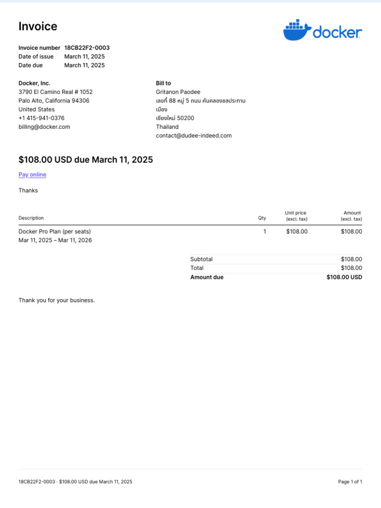 Invoice for Docker Pro Plan Payment | PDF