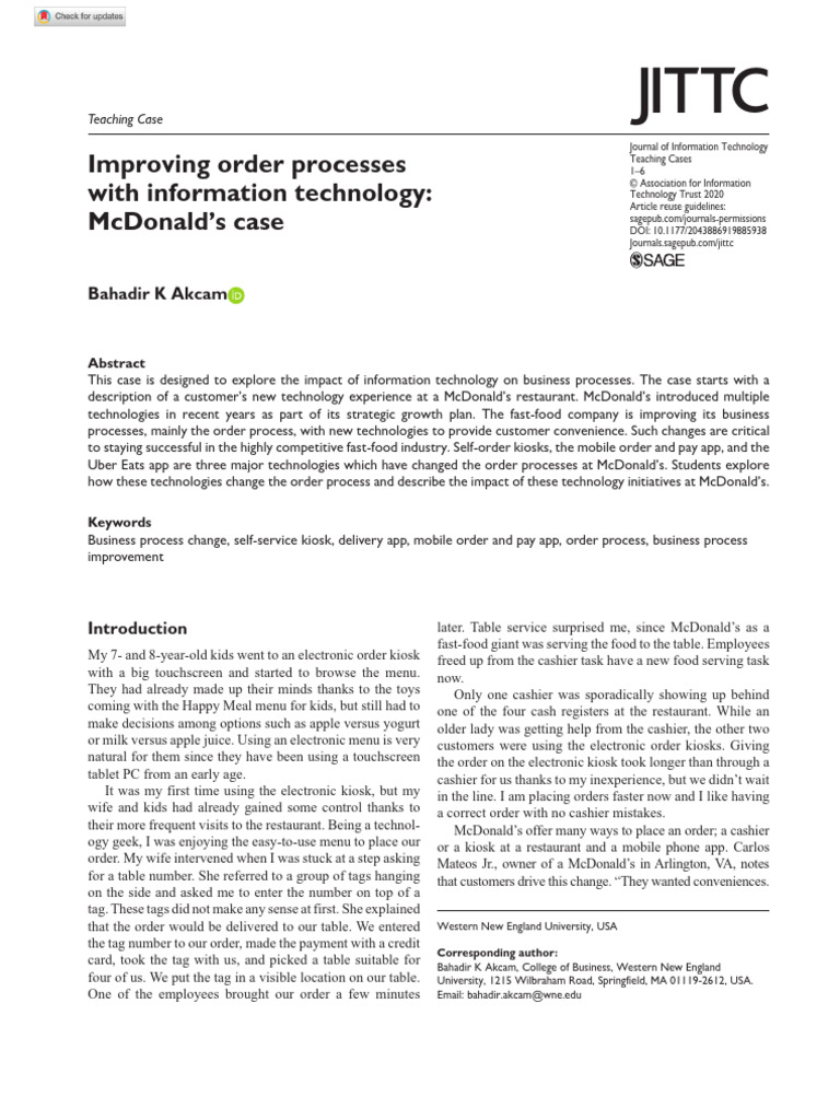 McDonald's Tech-Driven Order Improvements | PDF | Mc Donald's | Credit Card