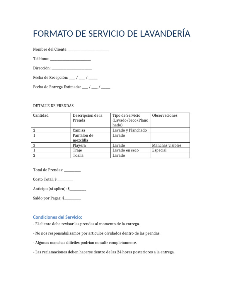 Formato Servicio Lavanderia Con Prendas | PDF