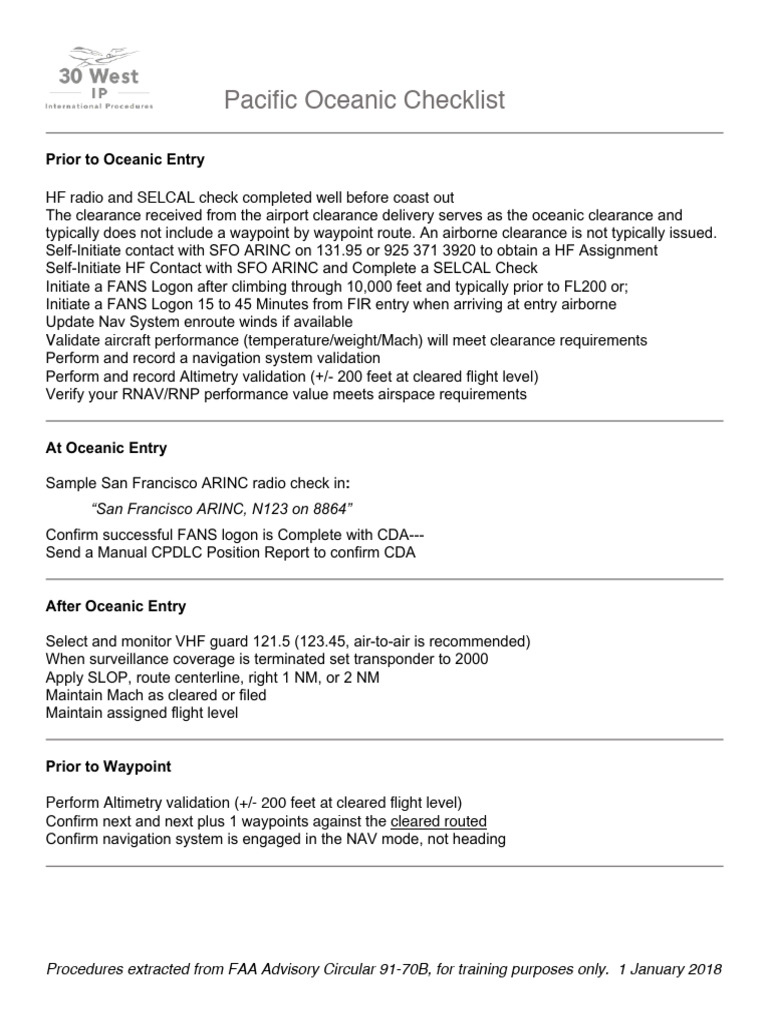 Pacific Oceanic Flight Procedures Checklist | PDF | Air Traffic Control ...