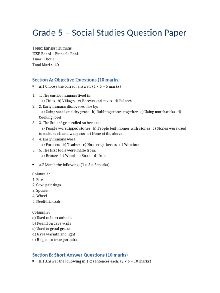 Early Humans: Class 5 Question Paper | PDF