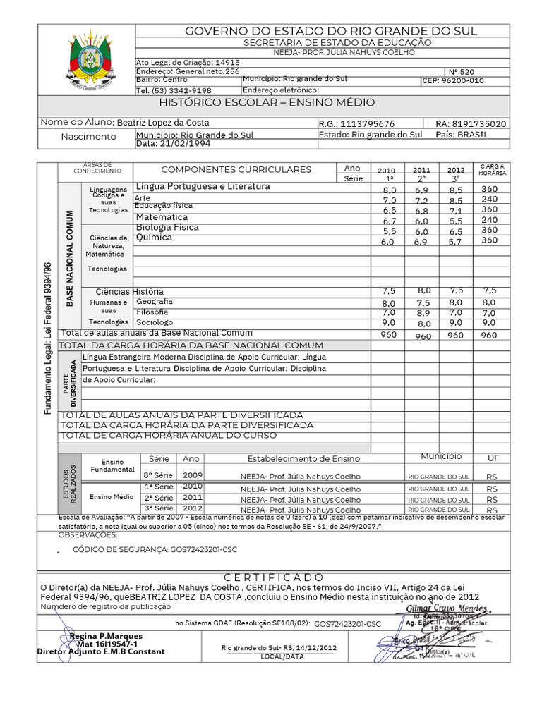 Histórico Escolar do Ensino Médio RS | PDF