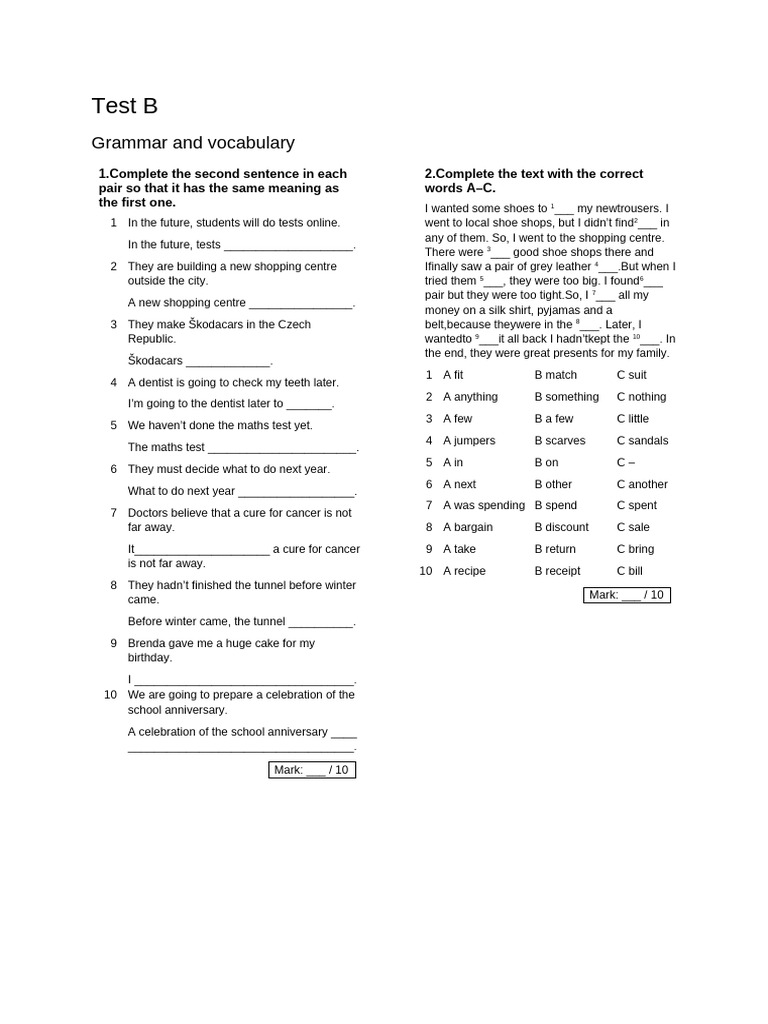 Focus 2 Unit 7 Test B | PDF | Clothing