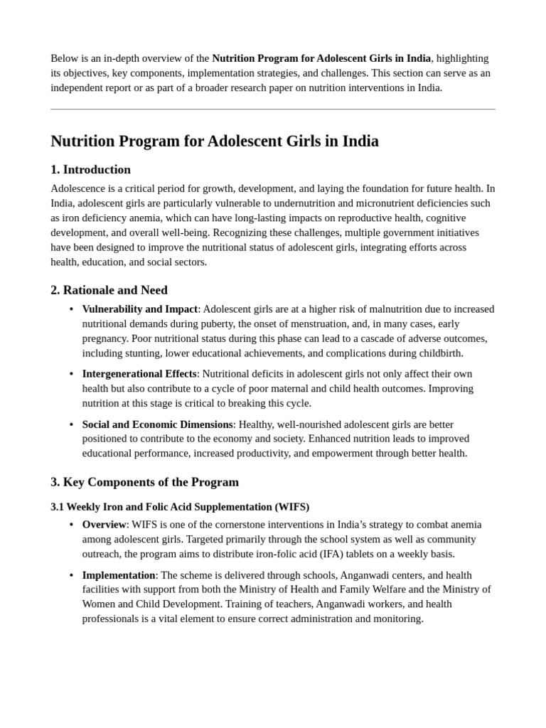 Nutrition Program for Adolescent Girls in India | PDF | Human Nutrition ...