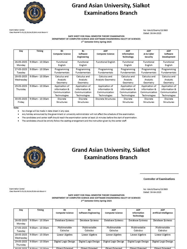 BS Mid Exams Date Sheet Spring-25 | PDF | Academic Term | Computer Science