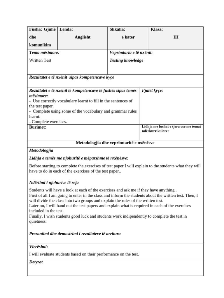 Written Test for English Class III | PDF