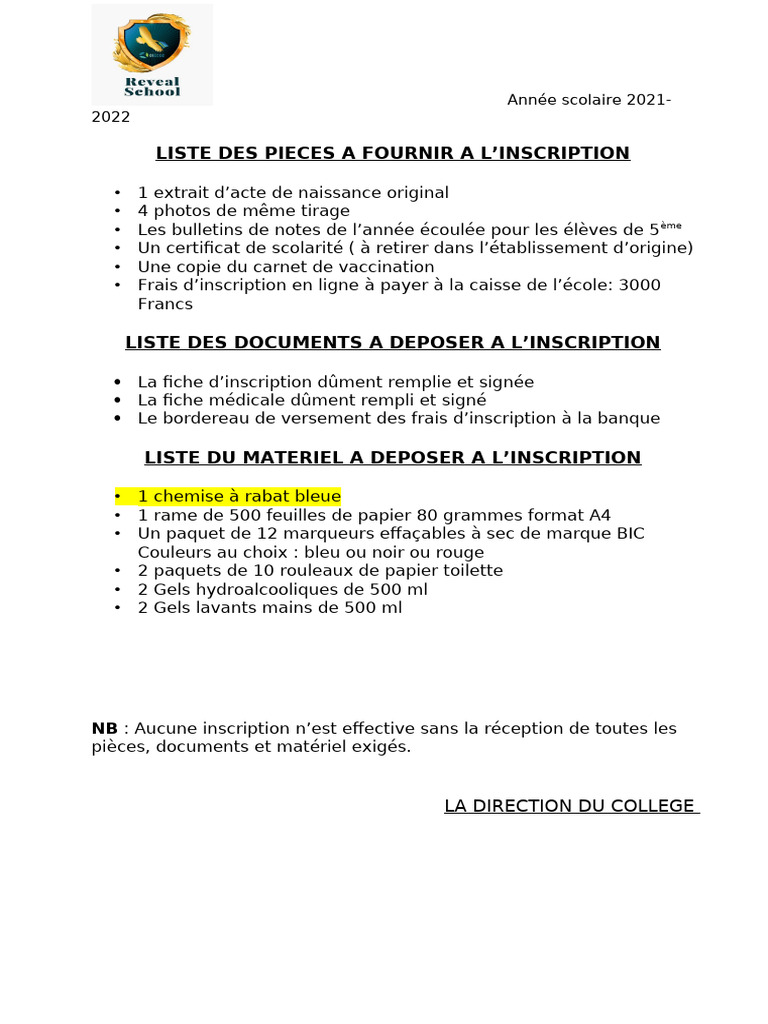 Inscription 2021-2022 : Documents requis | PDF