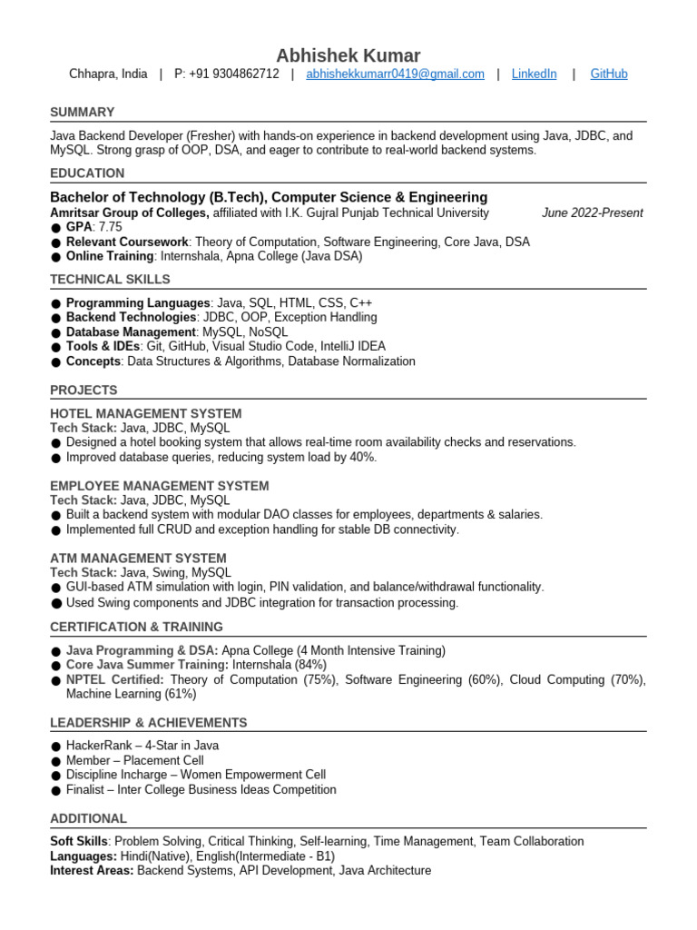 Java Backend Developer Resume | PDF